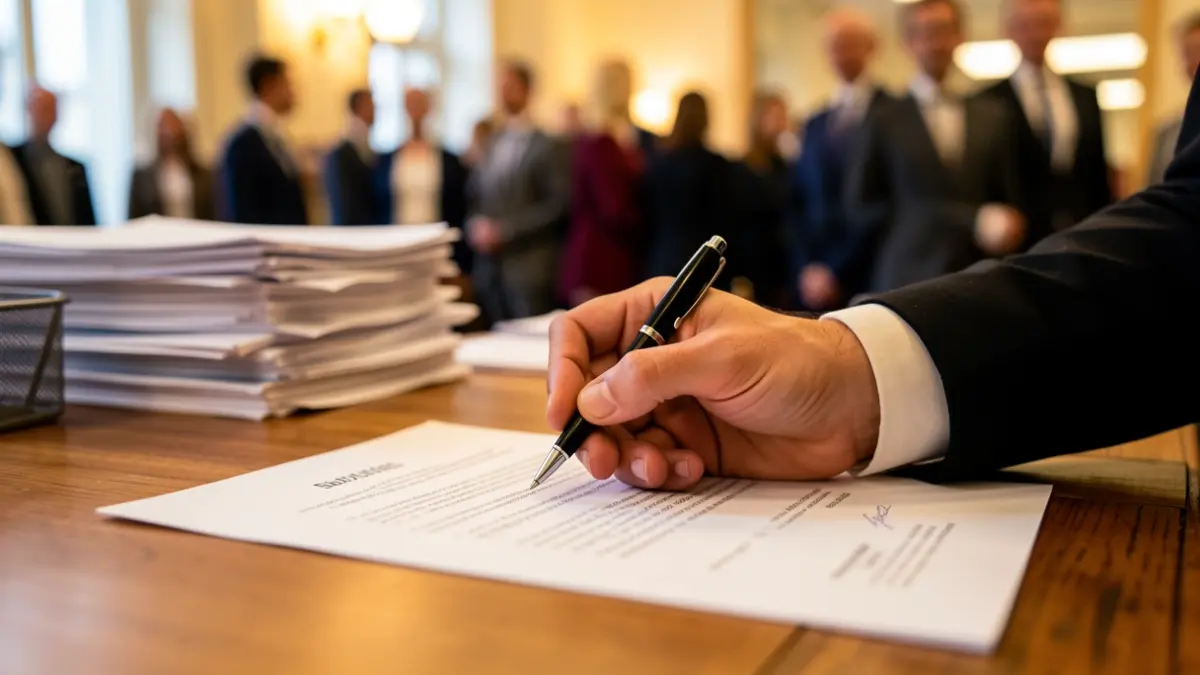 Primer plano de una mano firmando un documento sobre un escritorio de madera.
