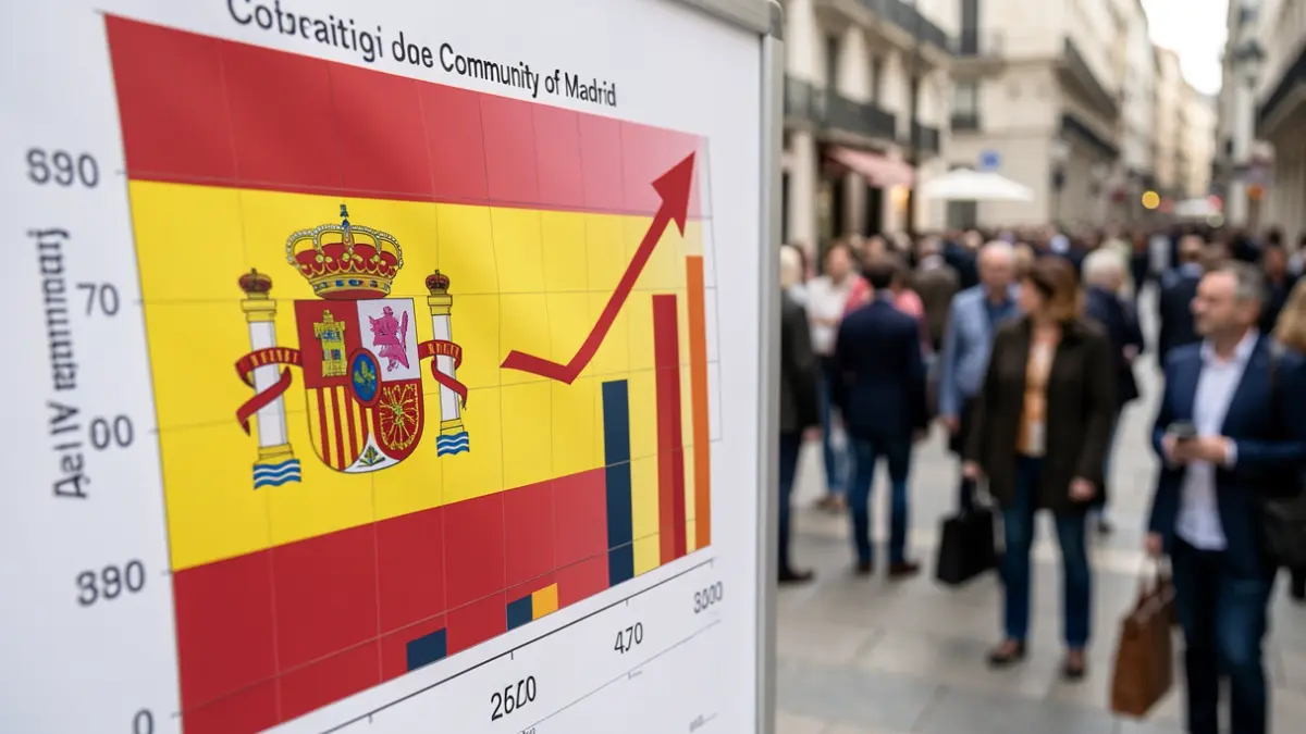 Gráfico de crecimiento económico con la bandera de la Comunidad de Madrid.