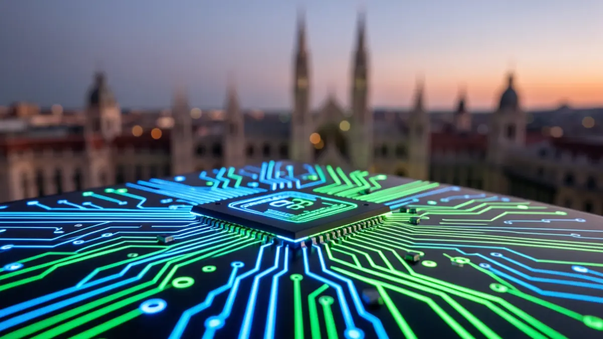 Generic image of a digital circuit with the Madrid skyline at dusk.