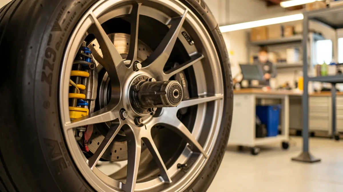 Primer plano de la rueda de un coche de Fórmula Estudiante con detalles mecánicos avanzados en un laboratorio.