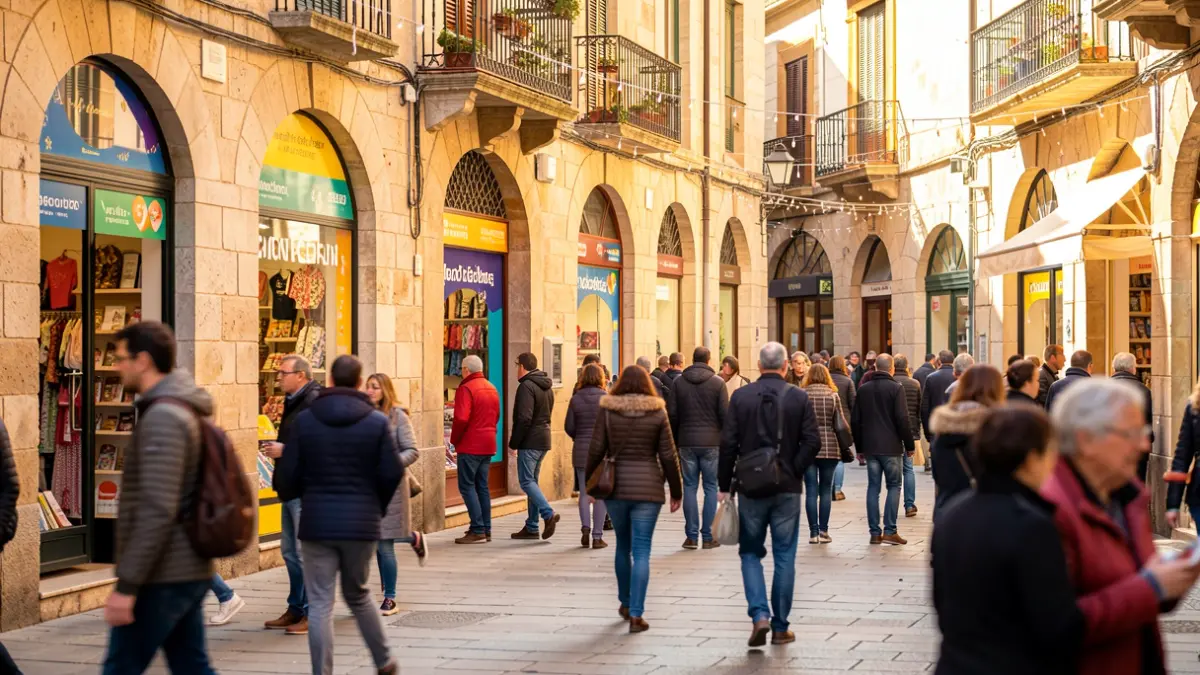 Street scene in Manlleu's commercial area decorated for the 'La Comerciada' campaign.