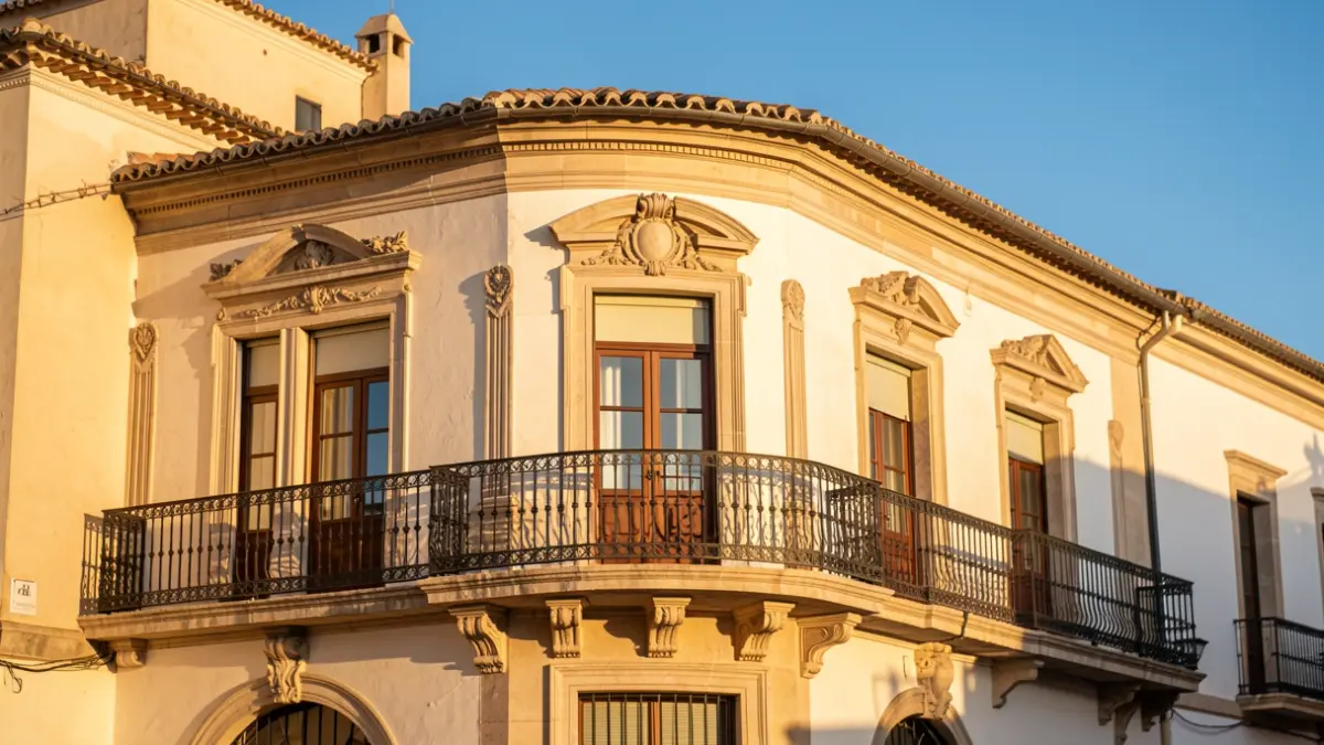 Fachada de un ayuntamiento mediterráneo con balcón y barandillas de hierro, iluminado por la luz cálida de la tarde.