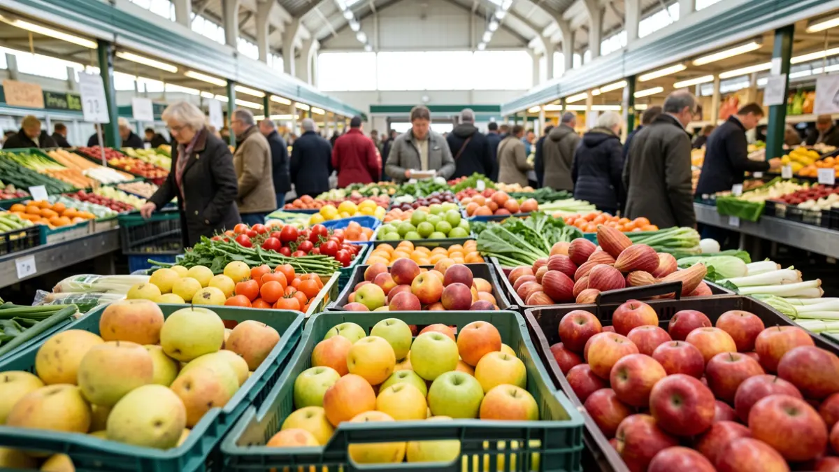 Primer plano de frutas y hortalizas frescas en cajas de mercado mayorista.