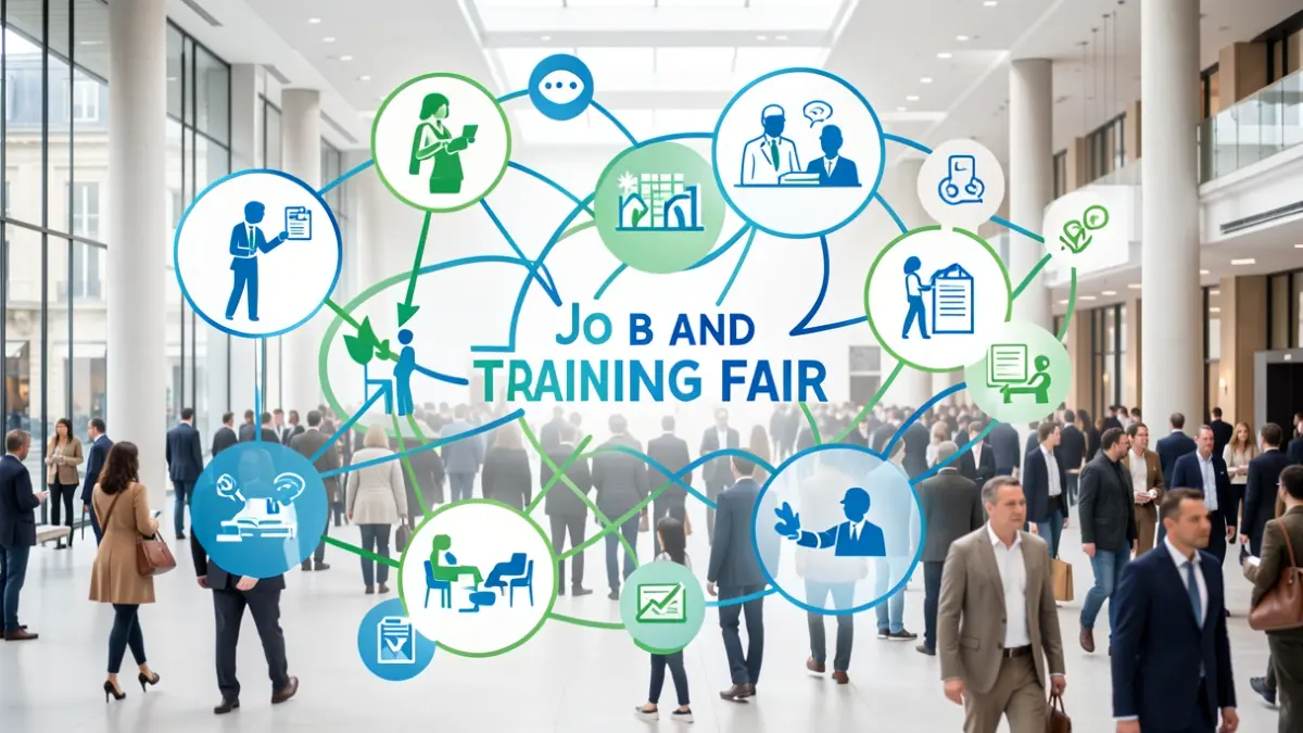 Generic image: abstract and modern representation of a job and training fair, reflecting opportunities and diversity.