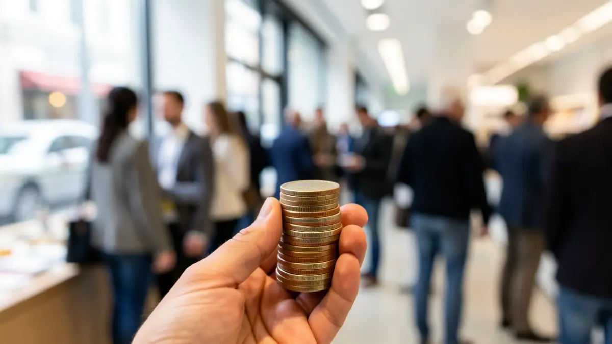 Imagen genérica de una mano sosteniendo una pila de monedas de euro con el interior de una tienda moderna desenfocado.