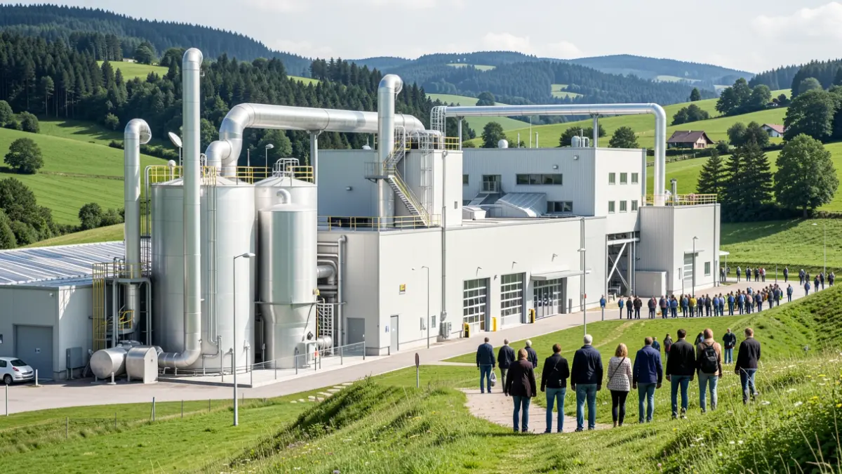 Generic image: Modern industrial facility with large pipes and tanks, located in a green valley in Euskadi, daylight.