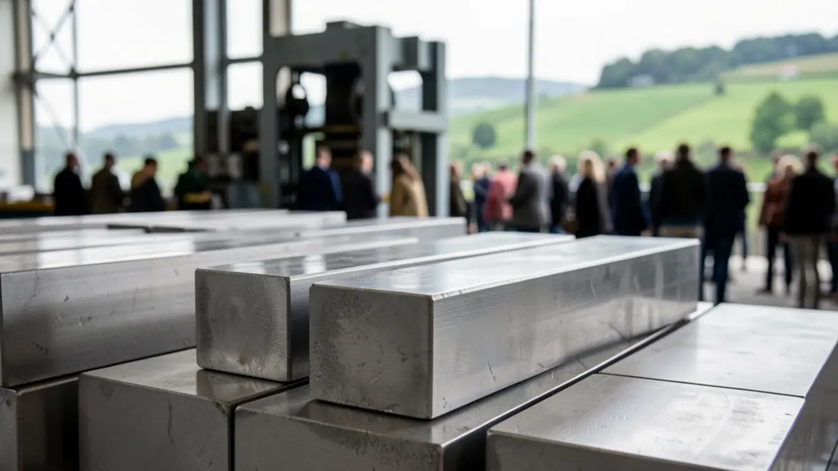 Close-up image of steel ingots in a clean industrial setting.