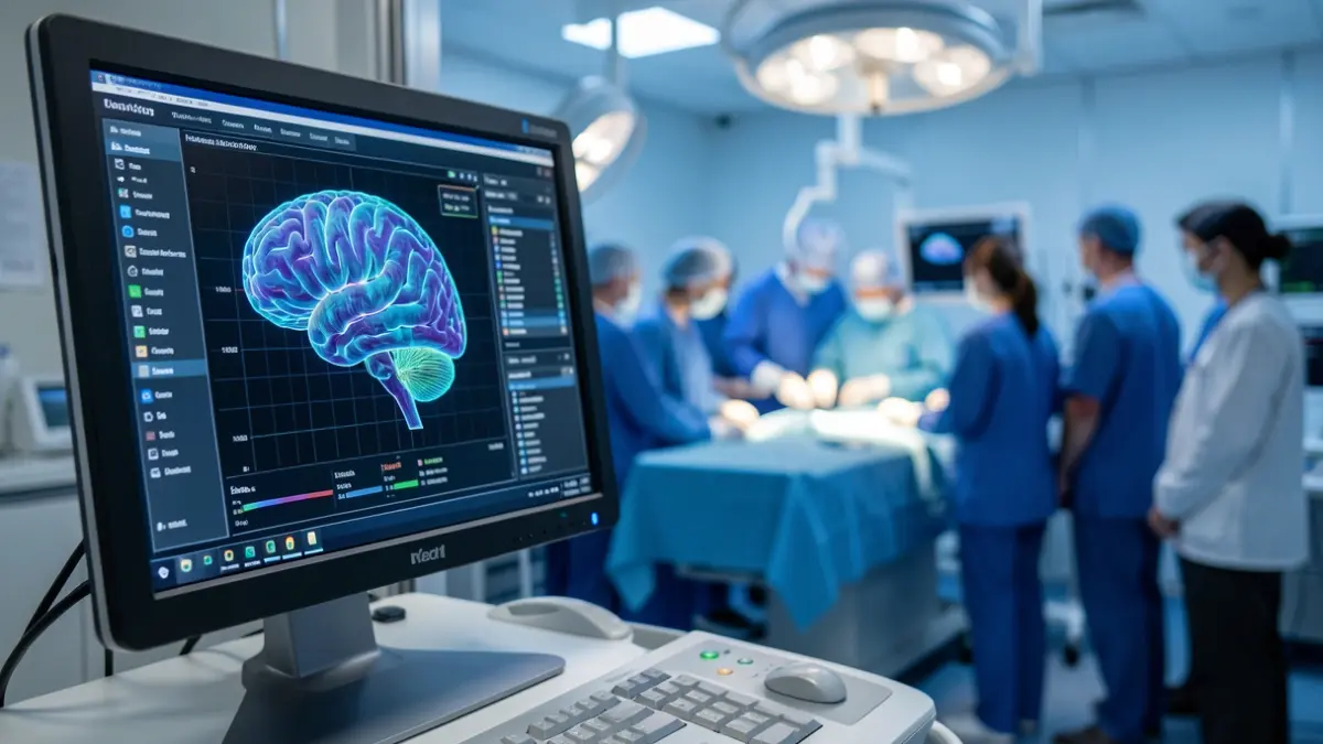 Imagen genérica de una estación de trabajo médica con datos de mapeo cerebral.