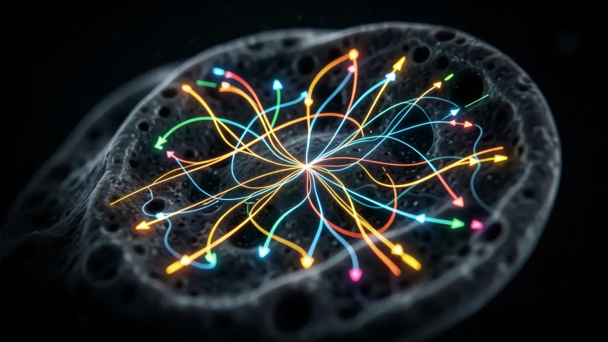 Visualización abstracta de vías metabólicas en tejido biológico.
