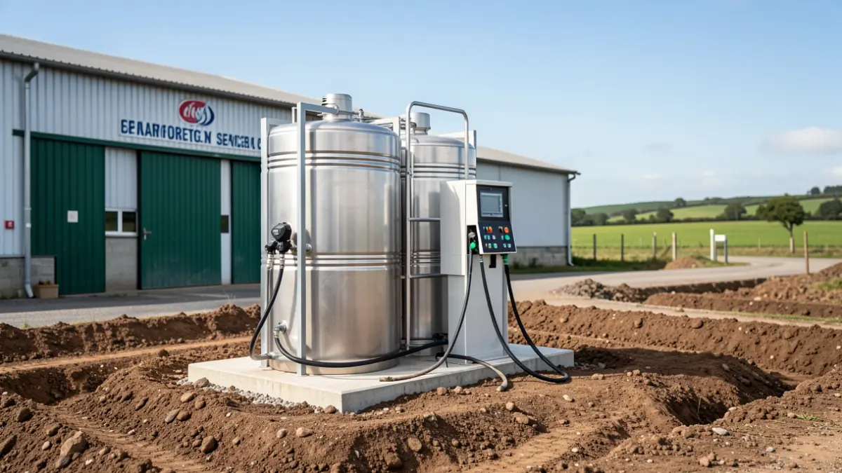 Instalación de suministro de combustible para vehículos agrícolas con un depósito de doble cuerpo y surtidor.