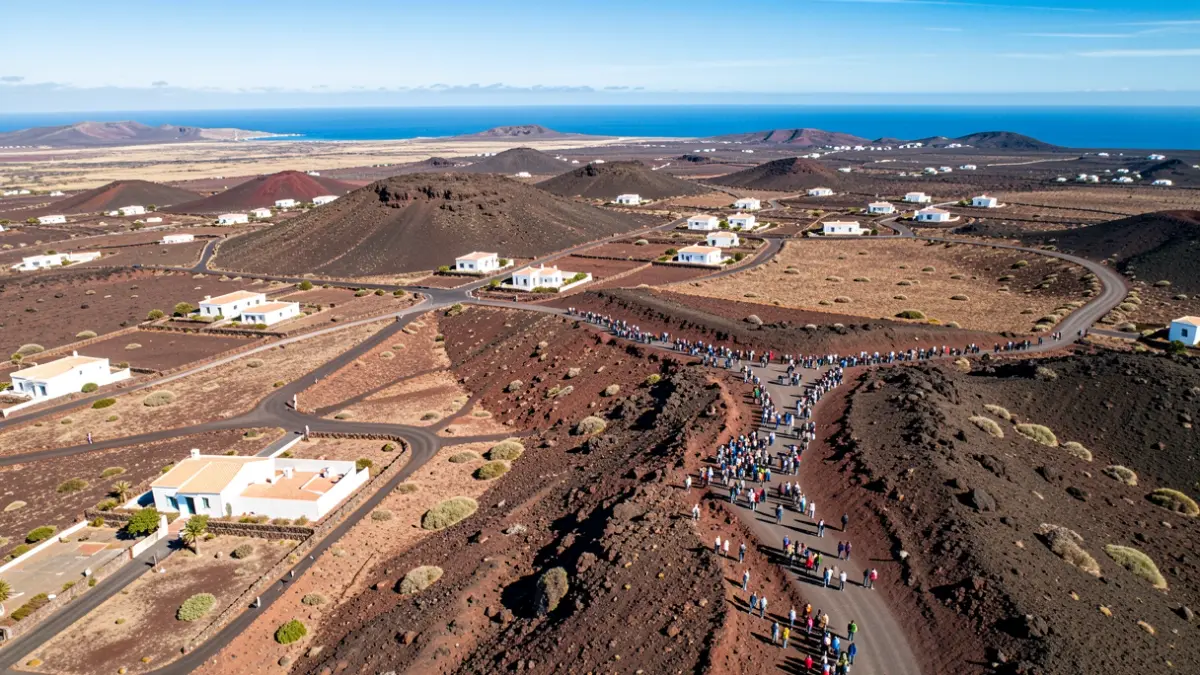 Paisaje volcánico de Lanzarote con viviendas blancas y el océano al fondo.