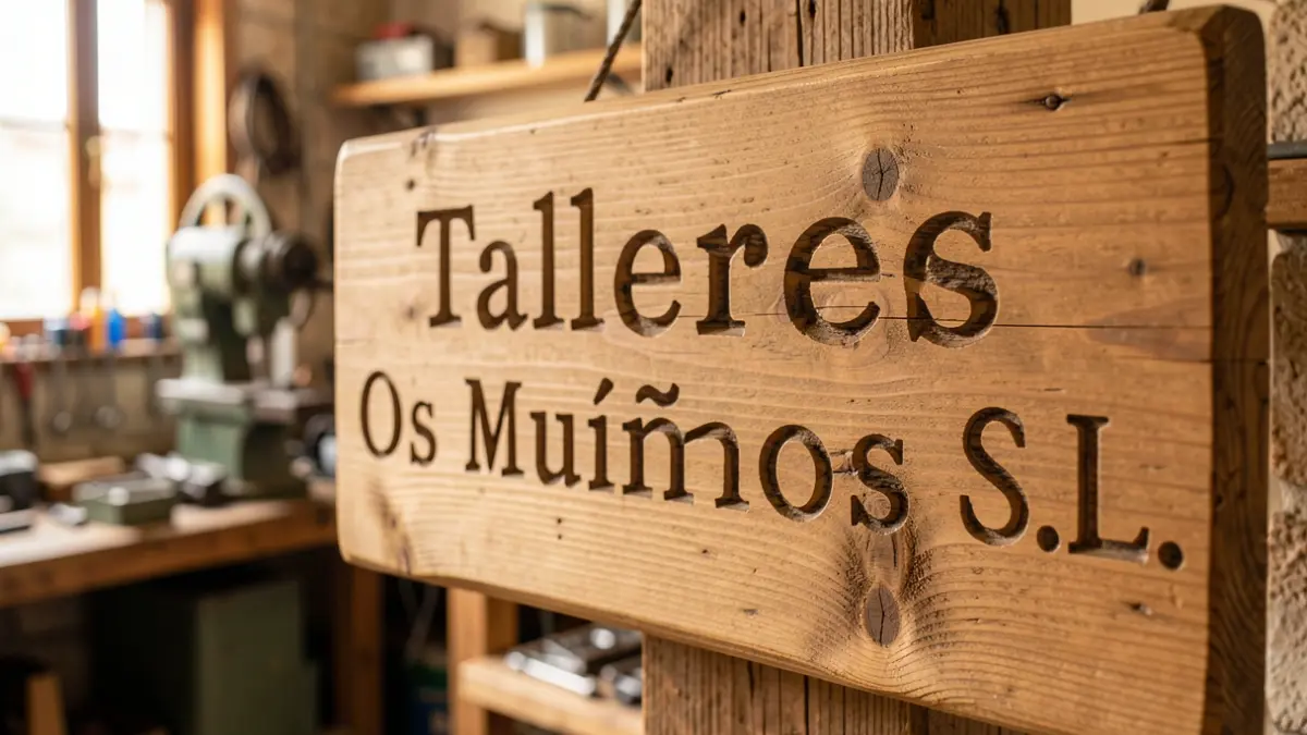 Imaxe dun letreiro de madeira co nome dun taller, nun ambiente de obradoiro.