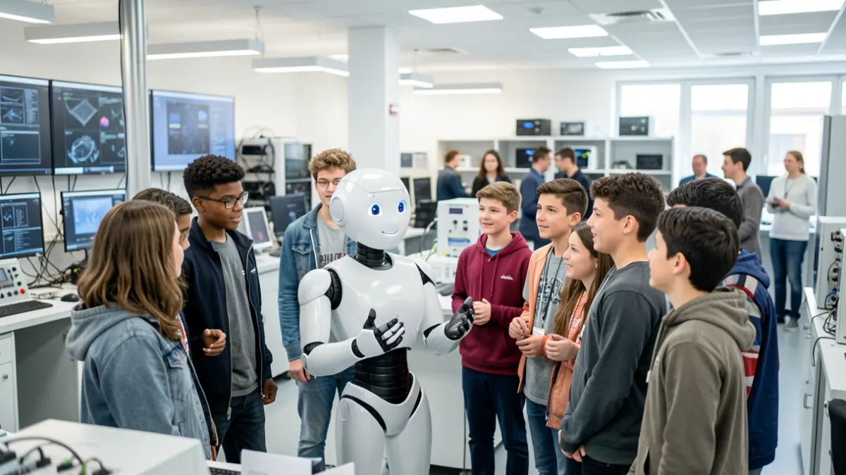 Imagen genérica de estudiantes interactuando con un robot en un laboratorio tecnológico.