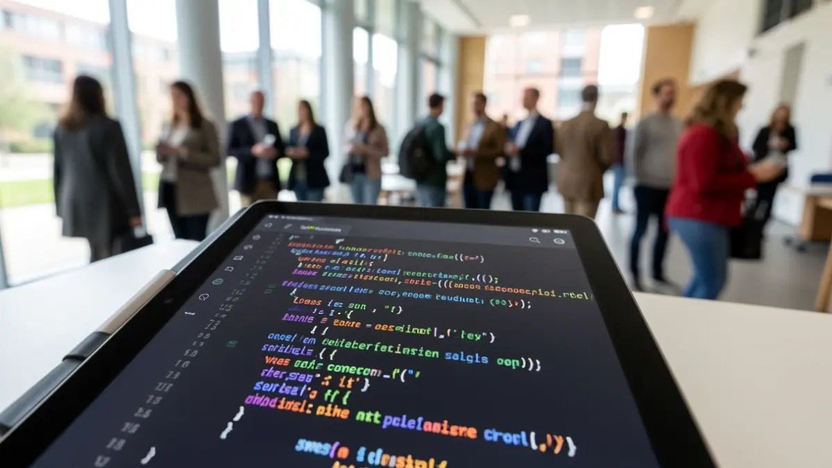 Imaxe dunha tableta dixital con código abstracto e elementos de deseño inclusivo, cun fondo desenfocado dun centro de investigación universitario en Galicia.