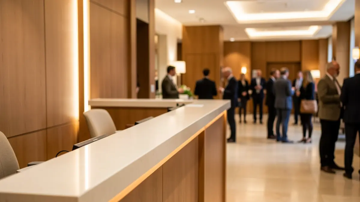 Imaxe xenérica dunha recepción de hotel con iluminación cálida.