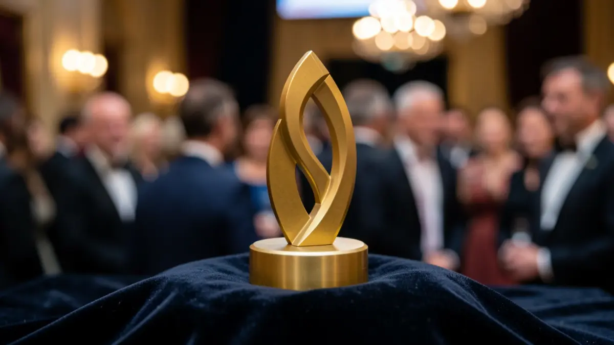 Generic image of a golden award on a dark velvet cushion.