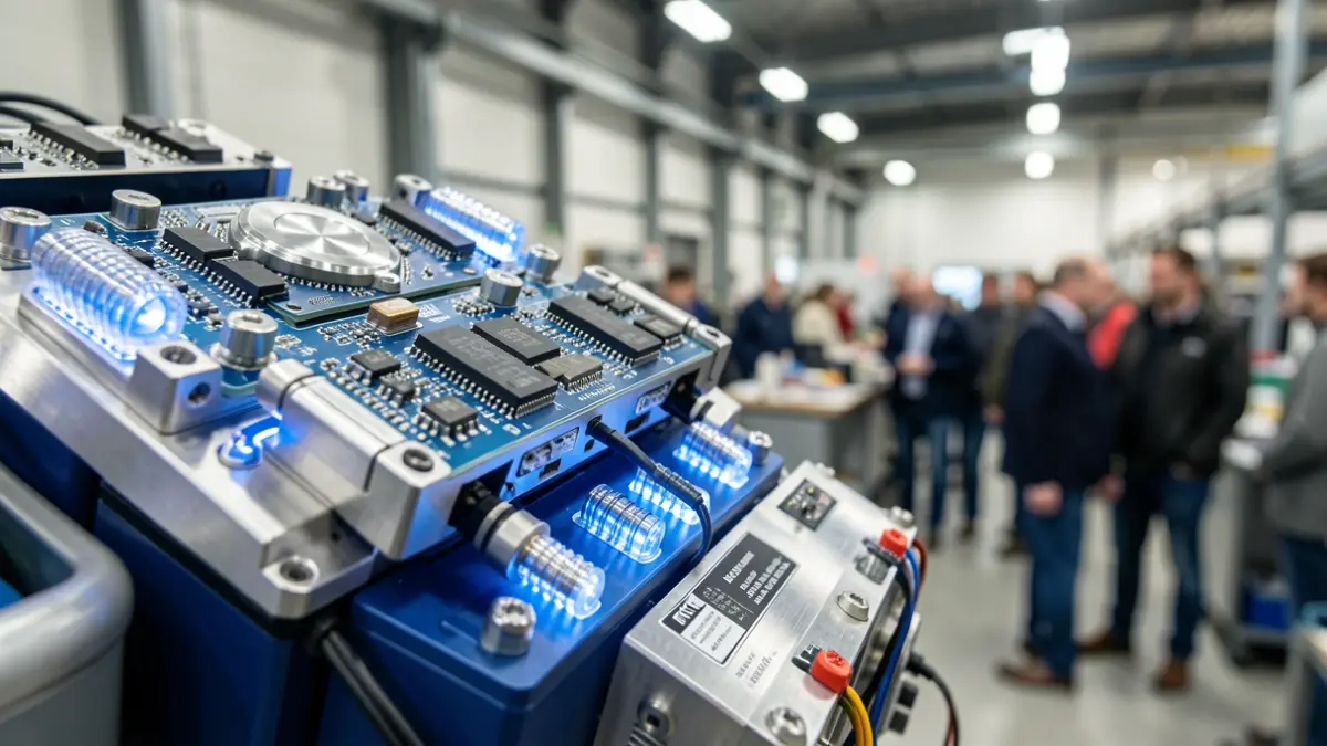 Close-up image of advanced battery management system components, with intricate circuitry and glowing blue LEDs, against a blurred background of a modern industrial workshop in Euskadi.