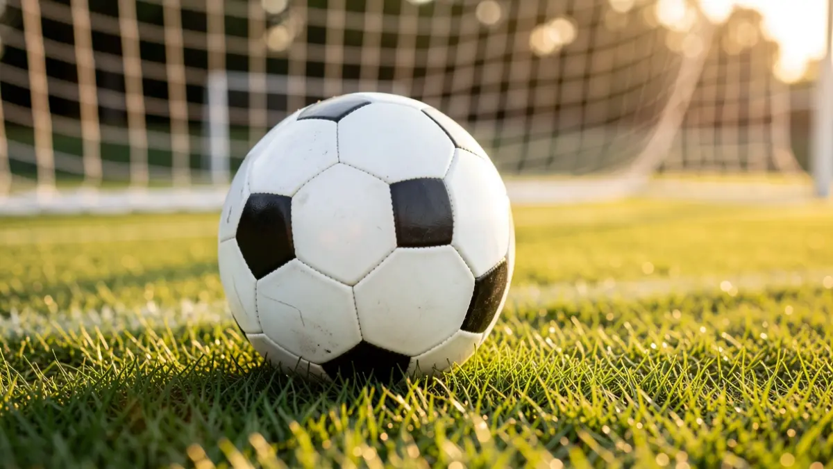 Un balón de fútbol sobre césped, con luz dorada.