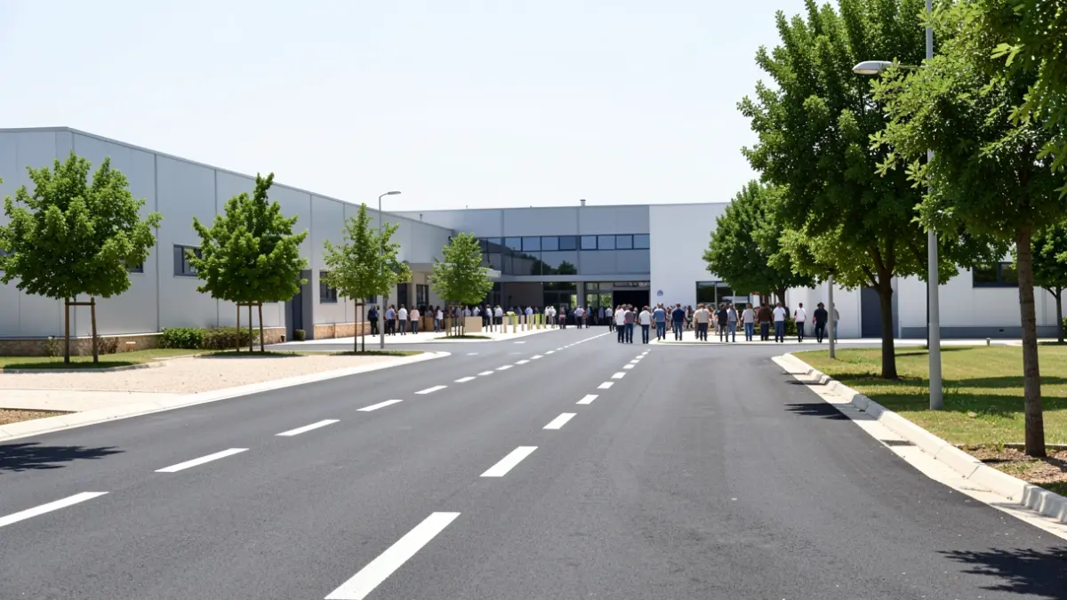 Imagen genérica de un polígono industrial moderno con asfalto nuevo y señalización vial.