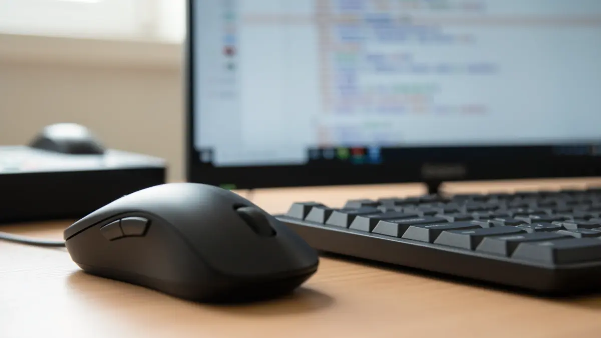 Imagen genérica de un ratón y teclado de ordenador con código de programación desenfocado al fondo.