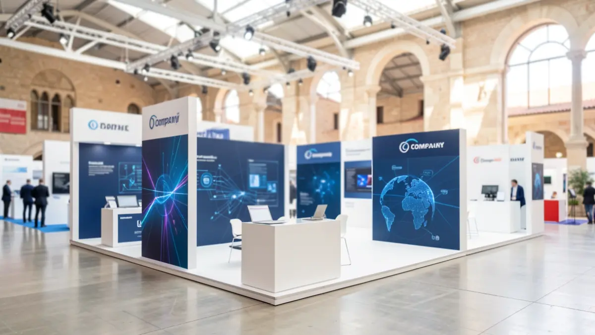 Imagen genérica de un espacio expositivo tecnológico con stands modernos.