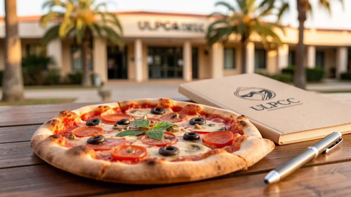 Primer plano de una porción de pizza junto a un cuaderno de la ULPGC en una mesa de madera, con el campus de la universidad al fondo.
