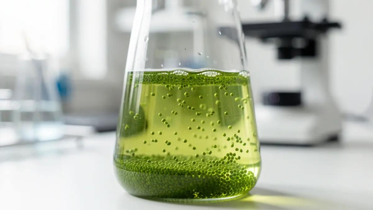 Generic image of microalgae culture and silicon particles in a laboratory.
