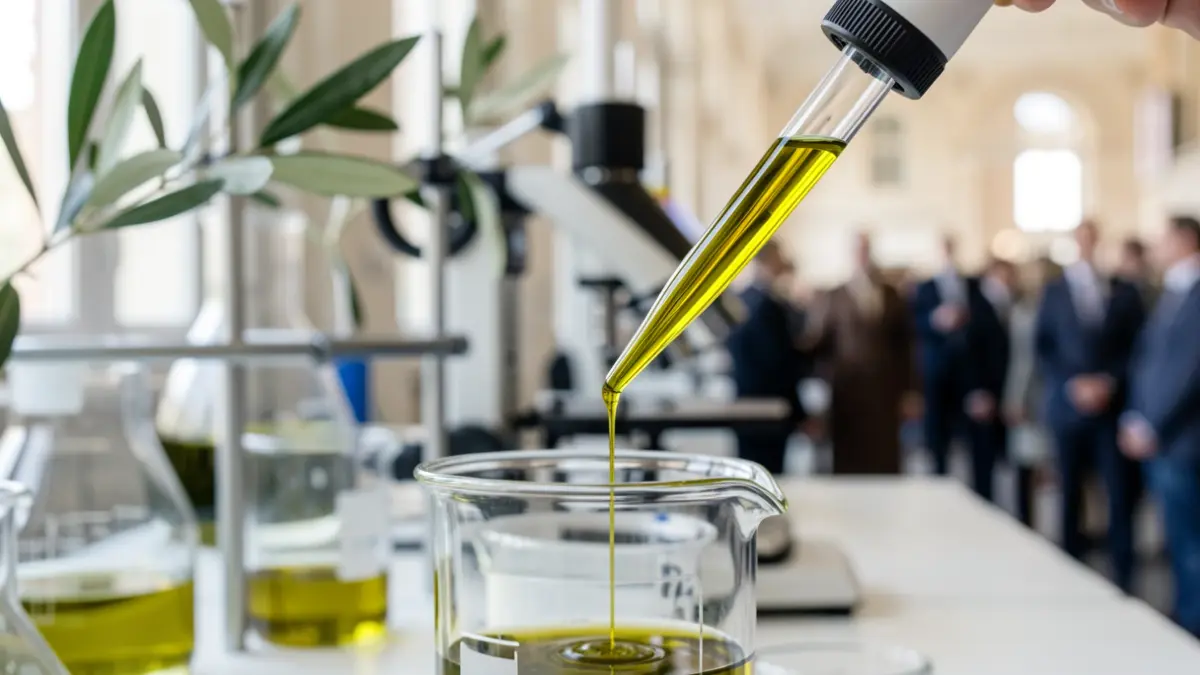 Close-up of extra virgin olive oil being extracted in a laboratory.