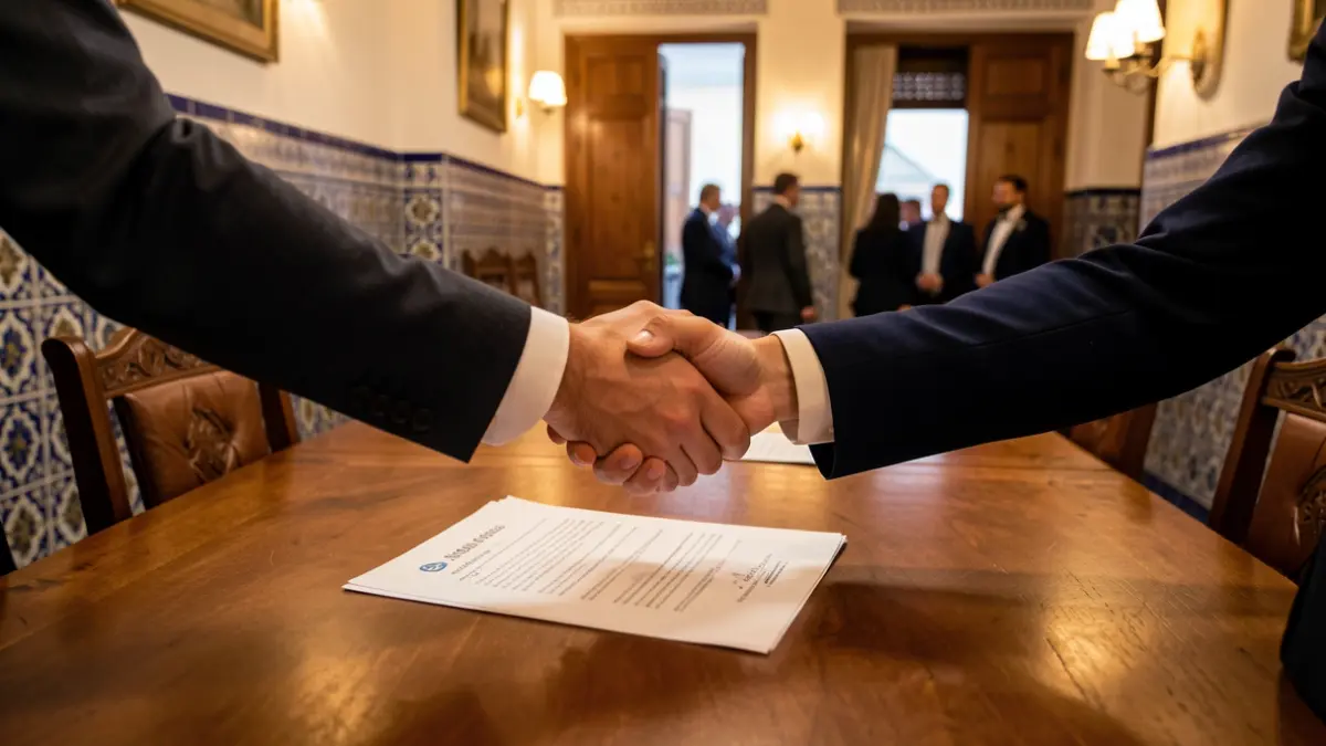 Image of a meeting between business representatives and authorities in a traditional Andalusian building.