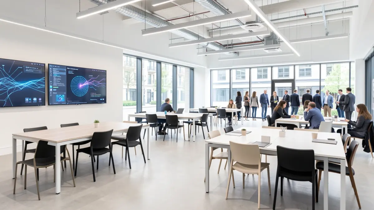 Imagen genérica de un centro de innovación con pantallas y mobiliario.