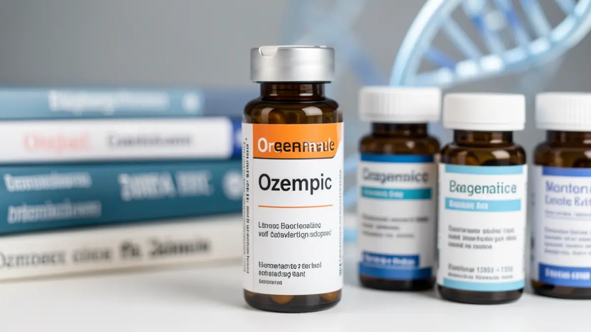 Close-up image of Ozempic and other generic medication bottles, with scientific journals and a DNA helix blurred in the background.