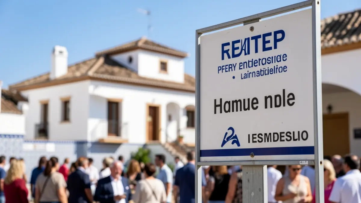 Imagen genérica de un cartel inmobiliario con una casa borrosa al fondo, bajo un cielo andaluz soleado con edificios blancos y azulejos azules.