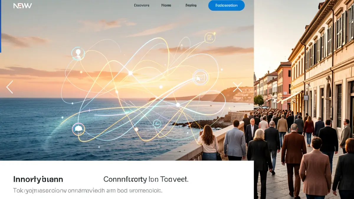 Imagen genérica de una interfaz web moderna con elementos digitales y colores mediterráneos.
