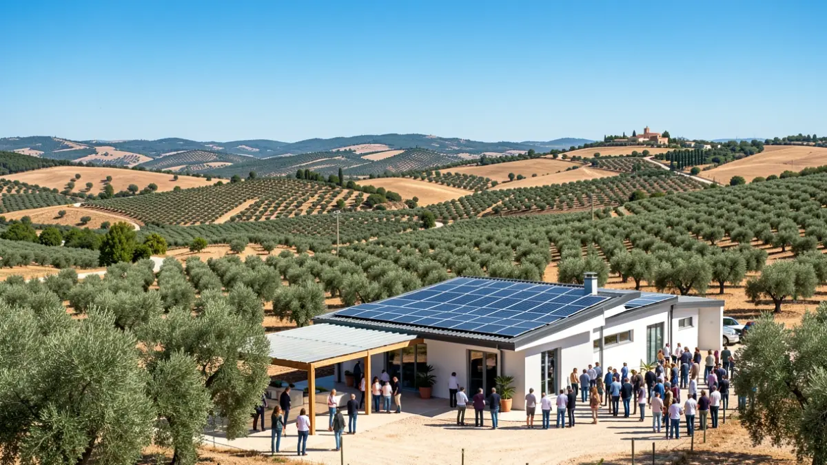 Generic image of an Andalusian rural landscape with a modern building and solar panels.