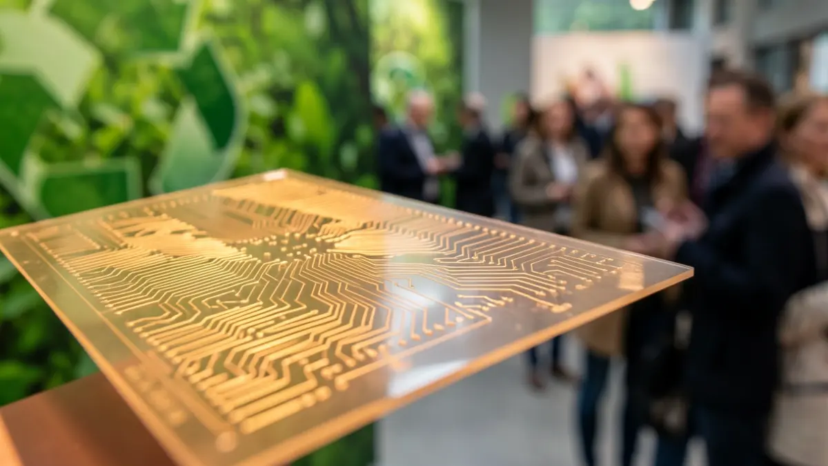 Close-up image of a medical microfluidic chip, with warm light. In the background, blurred green elements suggesting circular economy and nature.