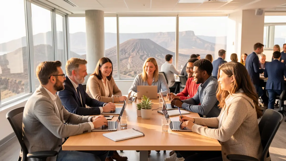 Diverse professionals collaborating in an office in Gran Canaria.
