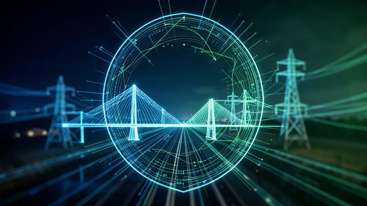 Representación abstracta de líneas de datos brillantes que forman un escudo protector alrededor de infraestructuras críticas.
