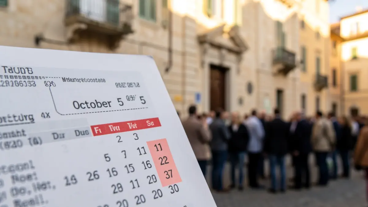 Detail of a tax receipt with a calendar showing October 5th highlighted, with the facade of an Andalusian town hall in the background.