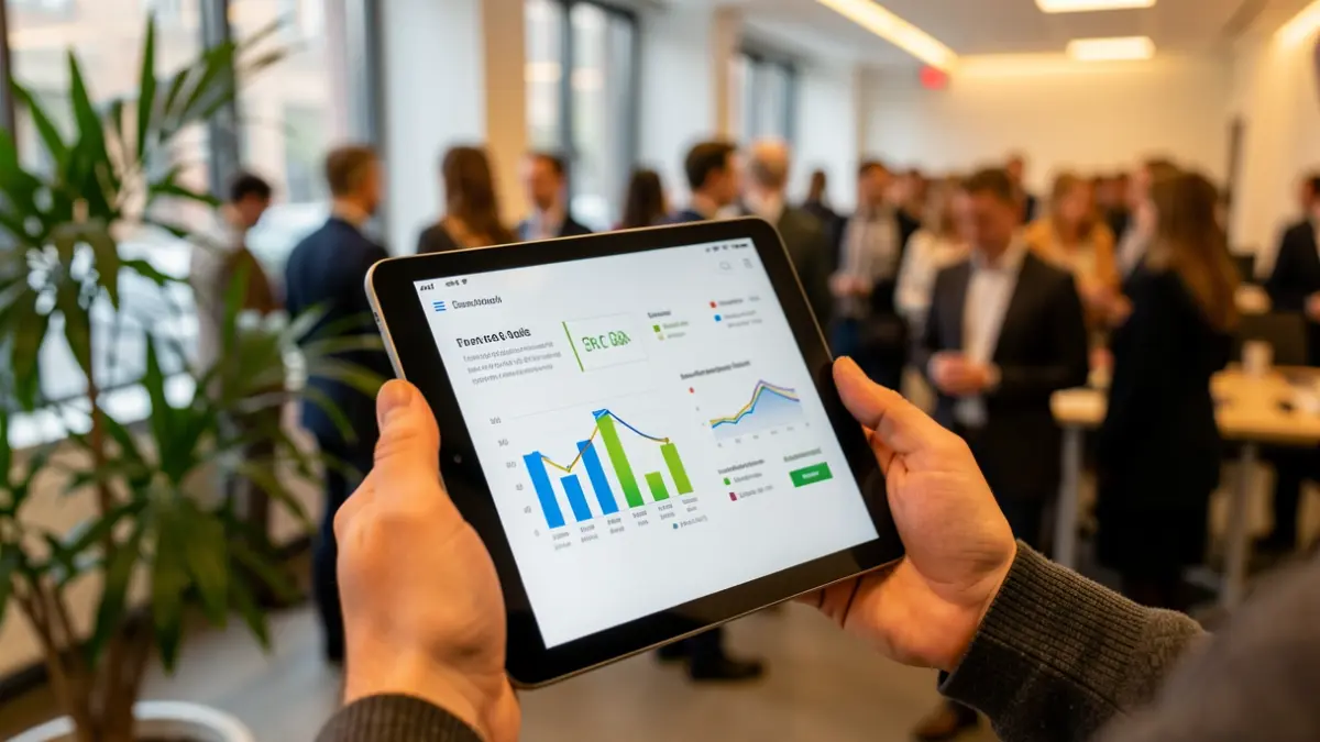 Primeiro plano dunha man sostendo unha tableta con gráficos de eficiencia enerxética, fondo de oficina e planta verde, luz cálida.