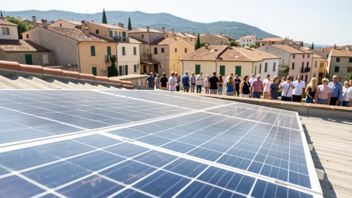 Solar panels on a rooftop with a Mediterranean town in the background.