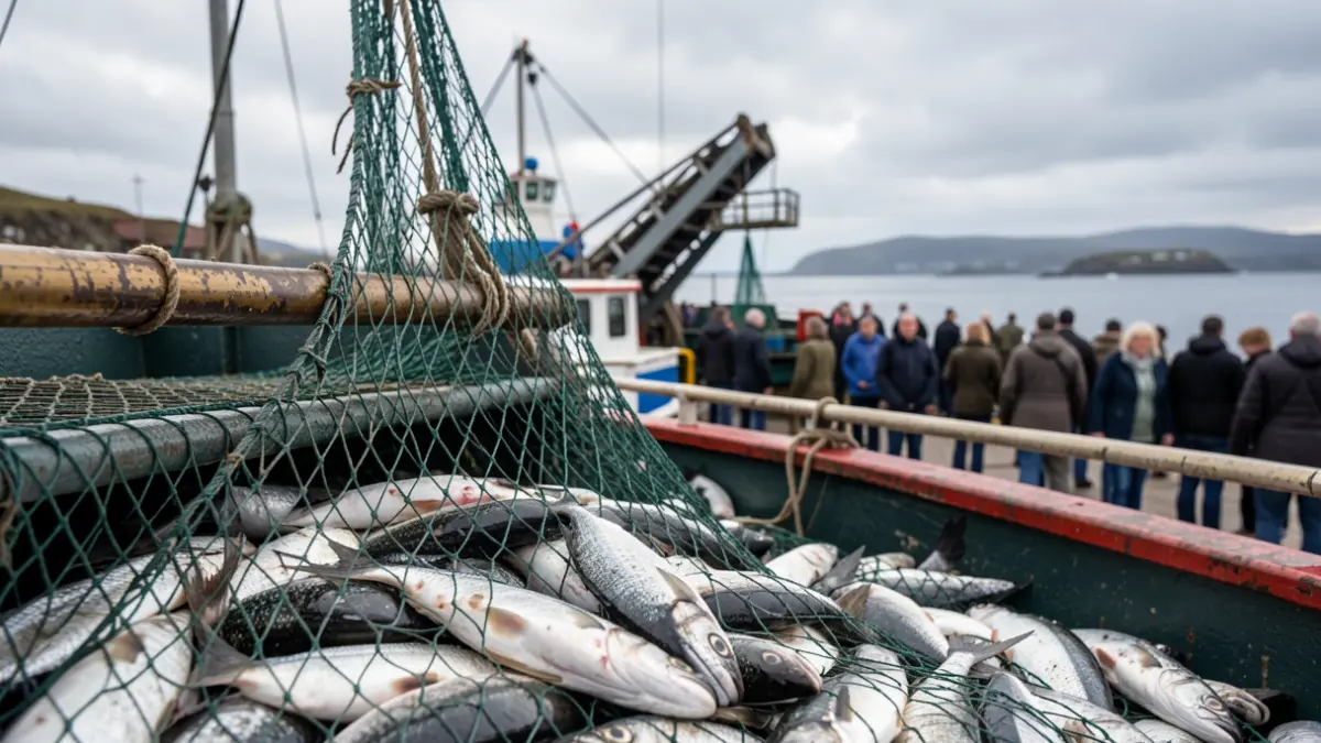 Imaxe dunha rede de pesca con peixes frescos e equipo de procesado industrial ao fondo.