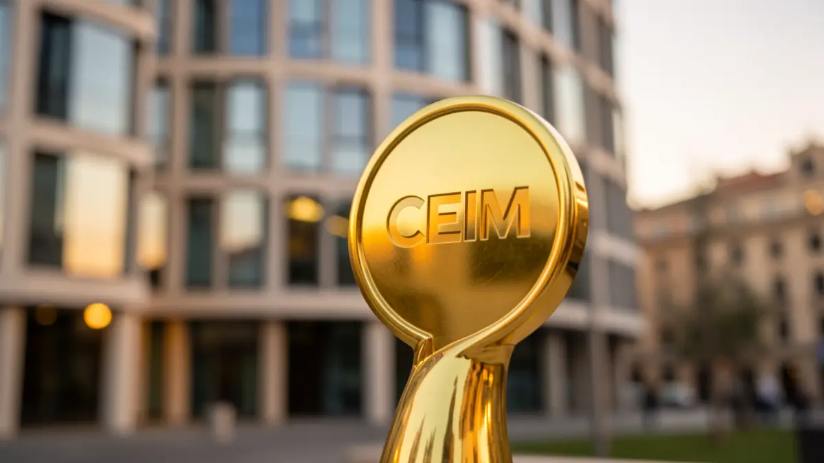 CEIM 2026 Awards trophy against a Madrid office building background.