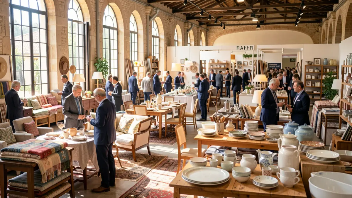Generic image of a design and habitat fair in Valencia, featuring displays of furniture, textiles, kitchenware, and ceramics.