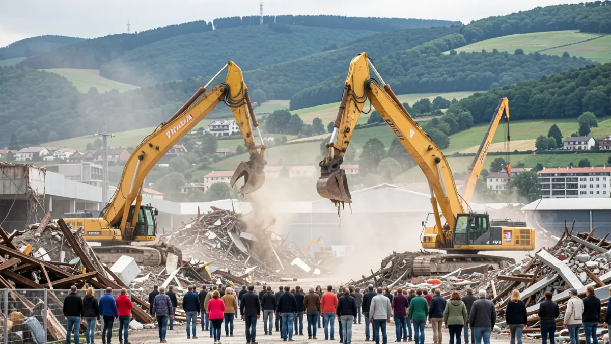 Imagen genérica: Sitio de demolición industrial en Bizkaia, con maquinaria pesada y escombros.