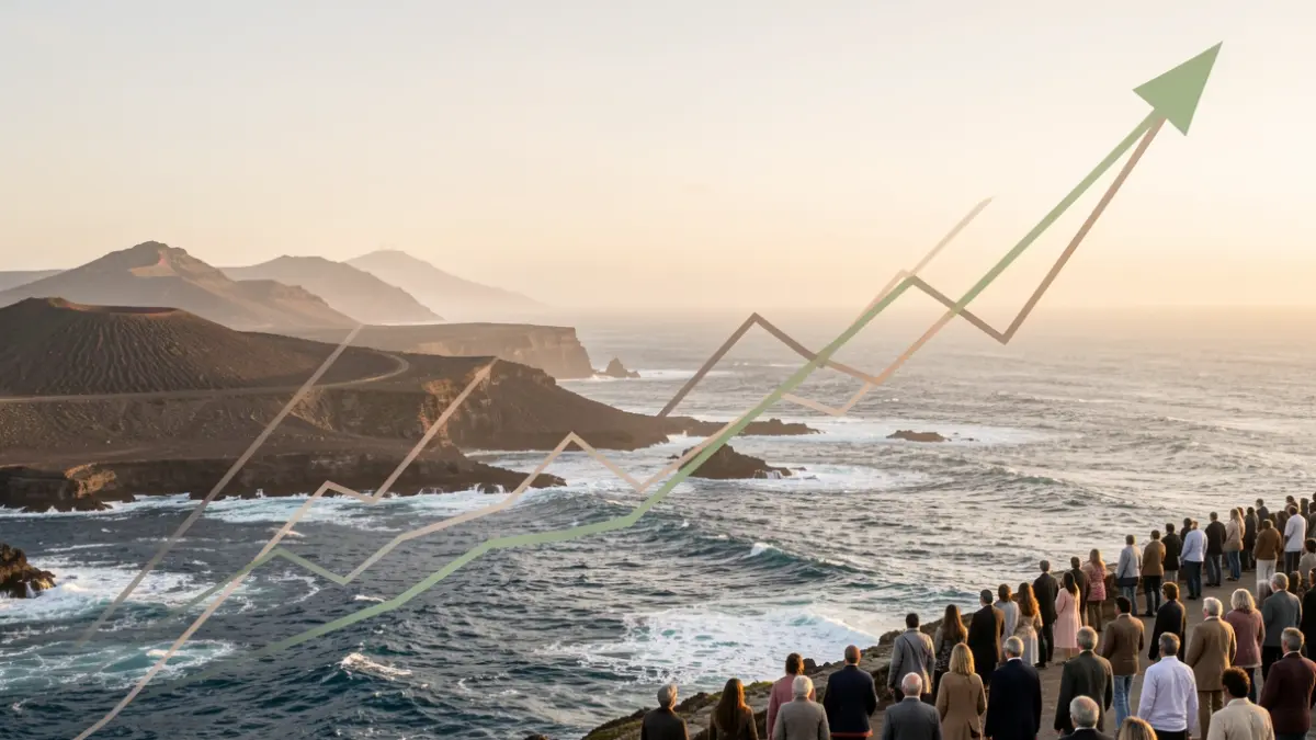 Imagen genérica de crecimiento económico en Canarias con gráficos y paisaje volcánico.