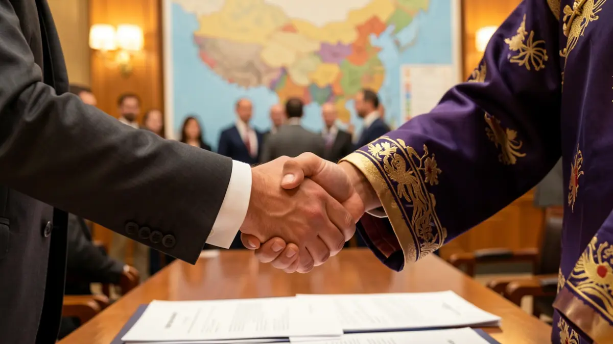 Imagen genérica de dos personas dándose la mano en un contexto empresarial internacional.