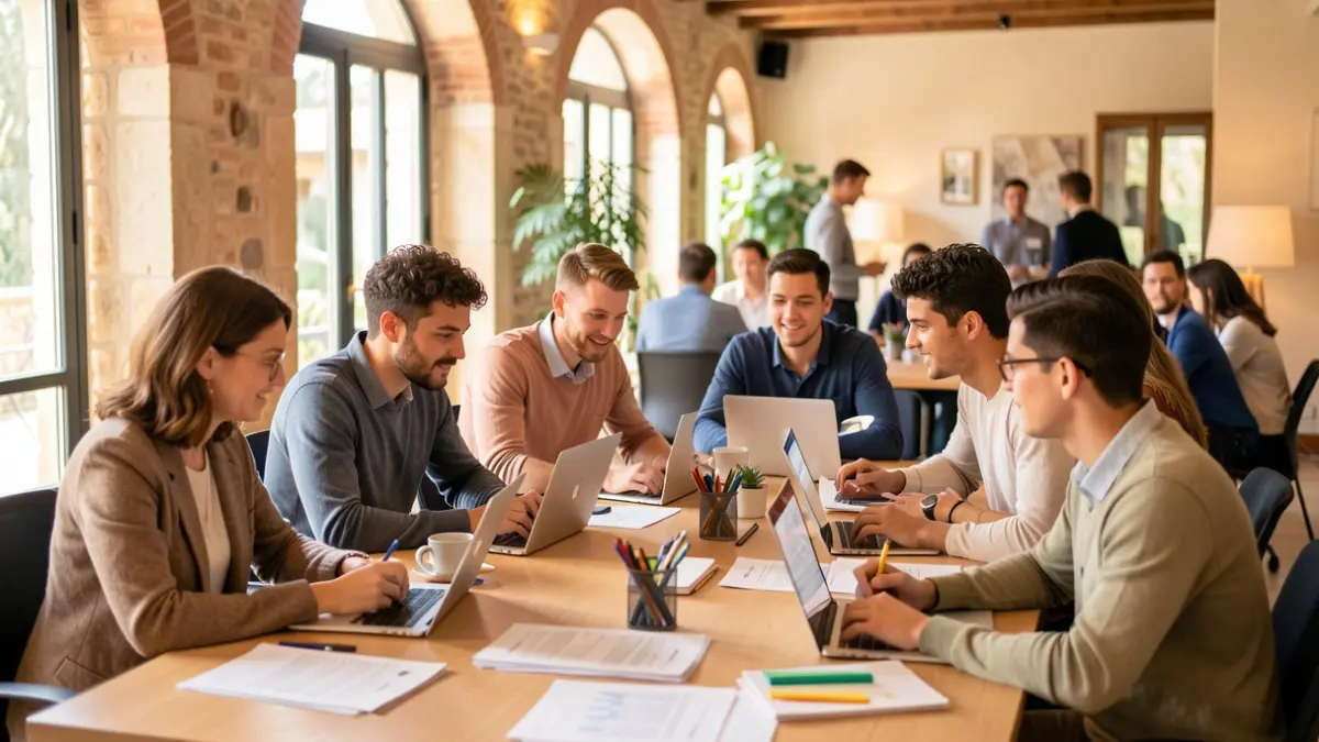 Jóvenes colaborando en un proyecto innovador en un entorno empresarial mediterráneo.
