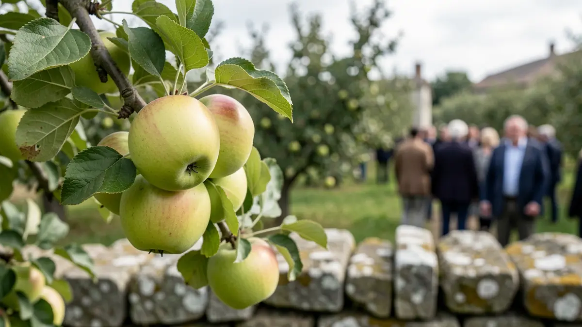 Manzanas de sidra maduras en una rama con fondo de huerta gallega y elementos de piedra.