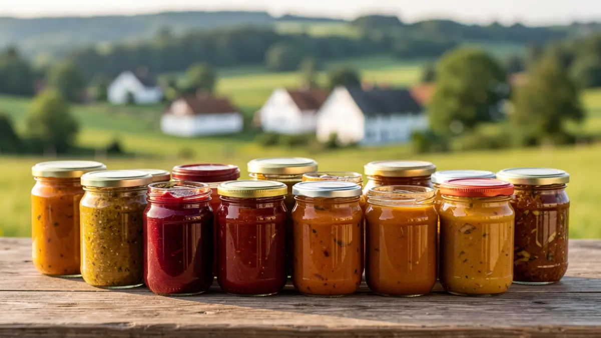 Various artisanal products like jams and sauces in glass jars on a rustic wooden table. In the background, a Basque landscape with green hills and white farmhouses.