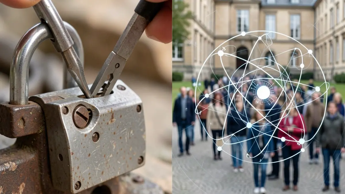 Imagen genérica de una herramienta de lockpicking sobre un candado y símbolos de criptografía cuántica.